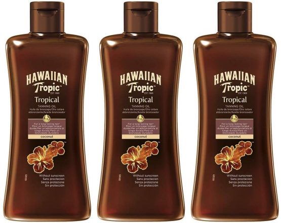 Hawaiian Tropic Tanning Oil SPF 0 - Unprotected Sun Tanning Oil, Skin Tanning Accelerator, Tropical Fragrance, Pack 3 Units x 200 ml
