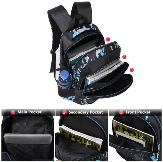 Teens Backpacks Children School Bag Set 3 in 1 Book Bag with Lunch Bag Pen Case Camouflage Laptop Rucksack for Boys Girls(Blue) - Image 4