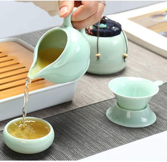 fanquare Portable Travel Tea Set, Handmade Kungfu Tea Set, Porcelain Teapot, Teacups, Bamboo Tea Tray with a Portable Travel Bag, Green - Image 4
