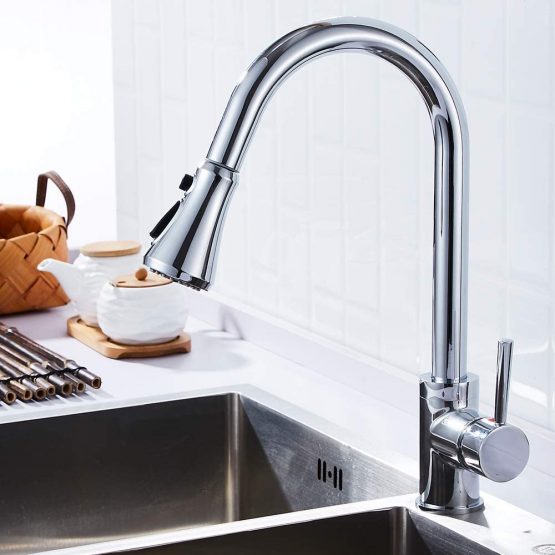 Heable Kitchen Sink Mixer Tap with Pull Down Sprayer Chrome, Single Handle High Arc Pull Out Kitchen Taps, Single Level Solid Brass Kitchen Faucet with UK Standard Fittings(3-Function) - Image 4