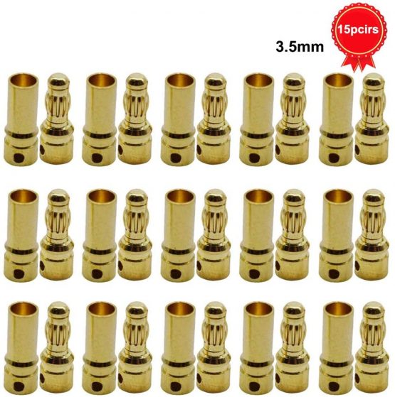 GTIWUNG 15 Pairs 3.5mm Banana Plug Bullet Connector, 3.5mm Gold Plated Male and Female Bullet Banana Connectors Plugs Replacements for DIY RC Battery ESC Motor