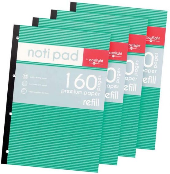 EASTLIGHT A4 Refill Pad 160 Page 80gsm - (Pack of 4) Sidebound Feint Ruled with Margin 4 Hole Punched