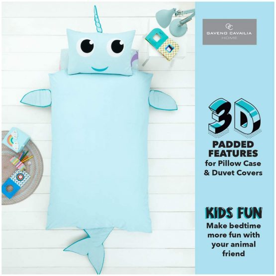 Gaveno Cavailia 3D Panel Kids Duvet Set Narwhal Single Padded Feature Animal Shaped Bedding 2 Piece Printed Reversible Bedlinen Easy Care DuvetCover Bedset 1 Quilt Cover and 1 Pillow Case