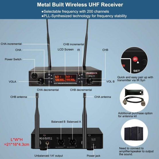 Wireless Microphone System, Phenyx Pro Dual Channel Cordless Mic Set With 2 Handhelds, 2x200 Channels, Auto Scan, Lock Function, 328ft Coverage, Ideal for DJ, Church, Events(PTU-71A) - Image 2