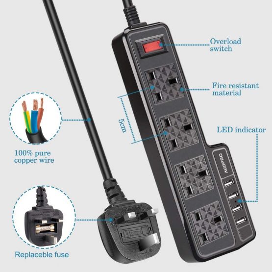 4 Way Extension Lead 5M, AUOPRO Multi Gang Power Strip with 4 USB Sockets/3.1A, Black Mains Plug Extension, Switched, Wall Mounted, 2 Replaceble Fuses, Long Cable for Home Office - 2500W/10A - Image 4