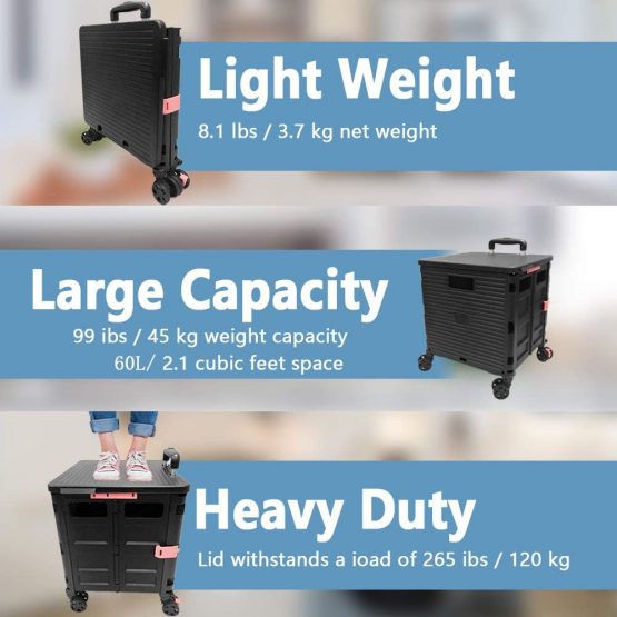 Foldable Shopping Trolley Box on Wheels with Lid Wear-Resistant Noiseless 360°Rotate Wheel & Adjustable Aluminum Alloy Handle Folding Boot Cart, 45KG/99LBS Load Capacity, Portable Durable Trolley - Image 3