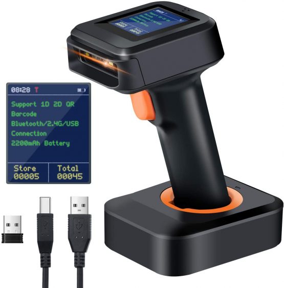 Tera 2D Barcode Scanner Wireless, Bluetooth QR Code Scanner, with Time Display Screen Battery Level Indicator Charging Base, Patent Number 90078251950003, HW0006