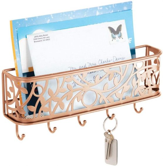 mDesign Modern Letter Holder – Metal Wall Mounted Letter Rack with Key Hooks – Post Sorter for the Entrance and Hallway – Copper - Image 4