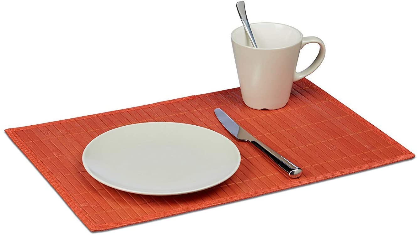Relaxdays Place Mat Set, 6x Coaster, Tableware, Drinks, Table Protector, Square, 45 x 30 cm, Bamboo, Stylish, Red - Image 3
