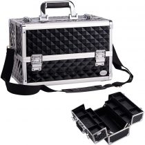 Joligrace Large Makeup Box Nail Polish Storage Vanity Case Nail Box 4 Trays Luggage Cosmetic Cases with Shoulder Strap Clasp Locks with Keys (Black)