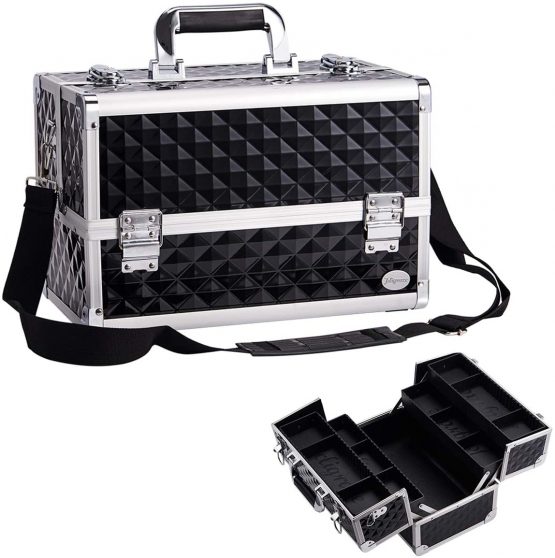 Joligrace Large Makeup Box Nail Polish Storage Vanity Case Nail Box 4 Trays Luggage Cosmetic Cases with Shoulder Strap Clasp Locks with Keys (Black)