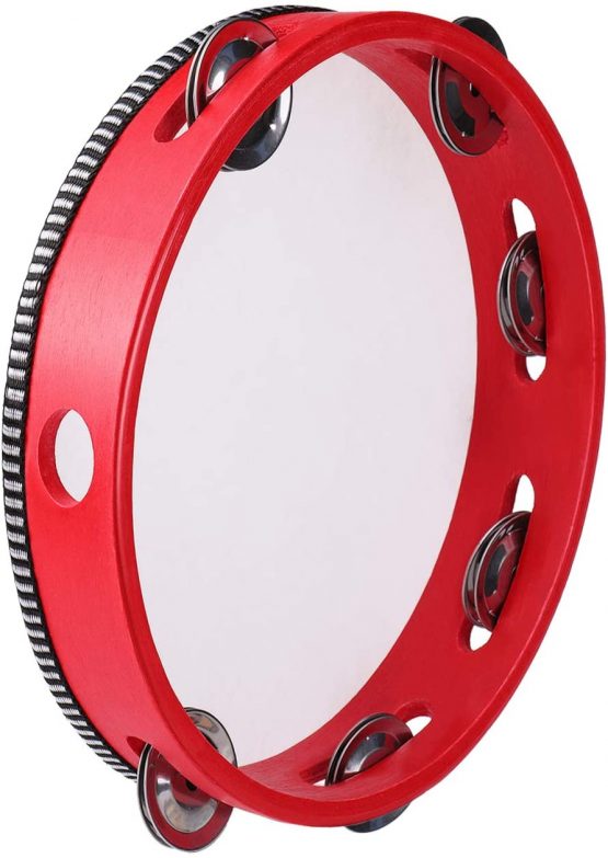 Flexzion Wood Handheld Tambourine 10" Inch Single Row 8 Pair Jingles (Wood) - Hand Held Percussion Drum Moon Musical Tambourine with Ergonomic Handle Grip for Adults Classroom Gift KTV Party - Image 2
