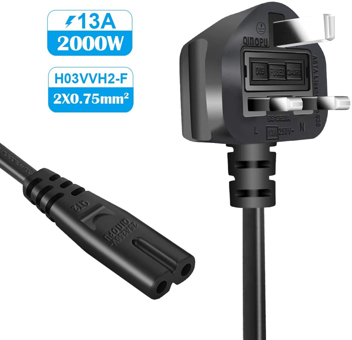 EXTRASTAR 13A Fused Figure 8 Power Cable, 2 pin Mains Power Lead (IEC60320C7 to BS1363/A)