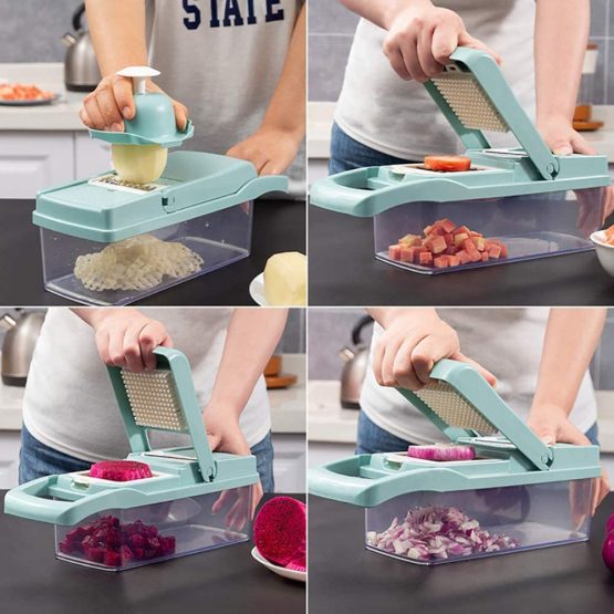 ADOV Mandolin Slicer, 12 in 1 Multi-Function Kitchen Vegetable Cutter, 7 Replaceable Stainless Steel Food Chopper with Egg Separator Hand Guard Waffle and Julienne for Onion Potato Fruits - Blue - Image 3
