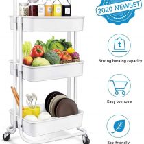 Storage Trolley Cart - 3 Tier Rolling Utility Organizer Rack, Craft Art Cart, Multi-Purpose Organizer Shelf, Tower Rack Serving Trolley for Office Bathroom Kitchen Kids’ Room Laundry Room, White