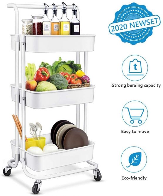 Storage Trolley Cart - 3 Tier Rolling Utility Organizer Rack, Craft Art Cart, Multi-Purpose Organizer Shelf, Tower Rack Serving Trolley for Office Bathroom Kitchen Kids’ Room Laundry Room, White
