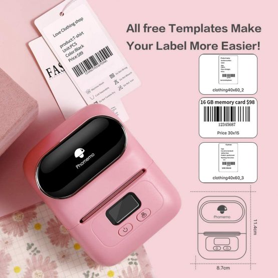 Phomemo M110 Label Printer Barcode Printer Mini Bluetooth Label Printer Thermal Label Printer, Portable Printer, Suitable for Clothing, Supermarket, Retail etc, Compatible for Android & IOS, Pink - Image 3