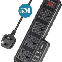 4 Way Extension Lead 5M, AUOPRO Multi Gang Power Strip with 4 USB Sockets/3.1A, Black Mains Plug Extension, Switched, Wall Mounted, 2 Replaceble Fuses, Long Cable for Home Office - 2500W/10A