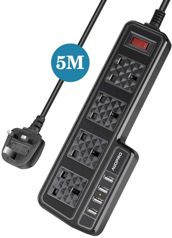4 Way Extension Lead 5M, AUOPRO Multi Gang Power Strip with 4 USB Sockets/3.1A, Black Mains Plug Extension, Switched, Wall Mounted, 2 Replaceble Fuses, Long Cable for Home Office - 2500W/10A