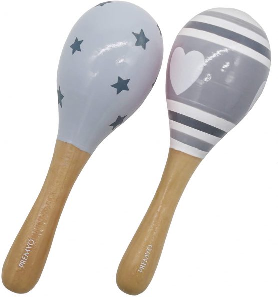 PREMYO Baby Rattle Maracas - Wooden Musical Instruments for Toddlers - Newborn Sensory Toys - Grey - Image 4