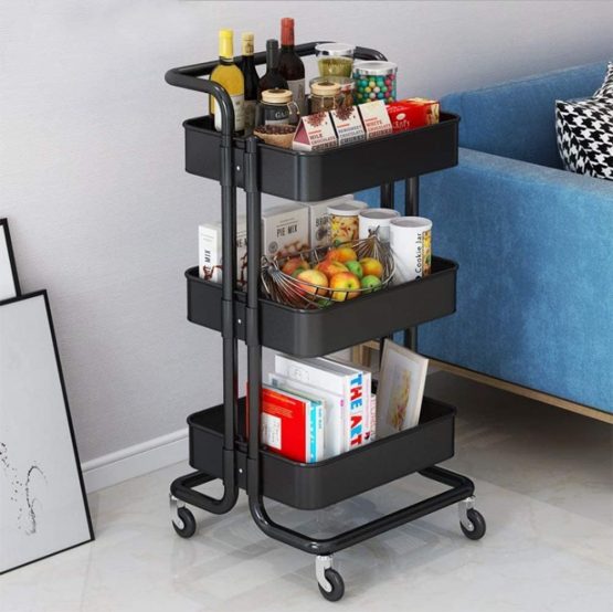 Storage Trolley Cart,3-Tier Storage Cart,Multi-Purpose Trolley Organizer Cart with Casters,Rolling Cart Metal Utility Cart,Organizer Trolley on wheels for Bathroom,kitchen, Bedroom Storage (Black)