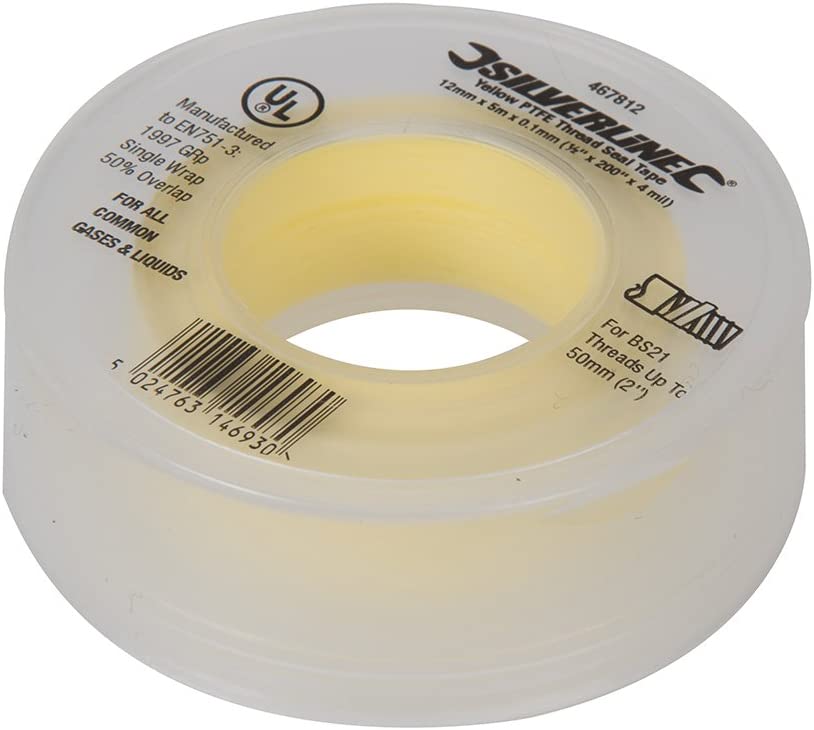 Silverline Tools 468645 Yellow PTFE Gas Thread Seal Tape - Silver (Pack of 10), 12mm x 5m - Image 2