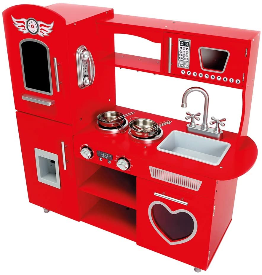 Bino 83729 Kids, Red Wooden Kitchen with Toy Cooker, Sink, Accessories