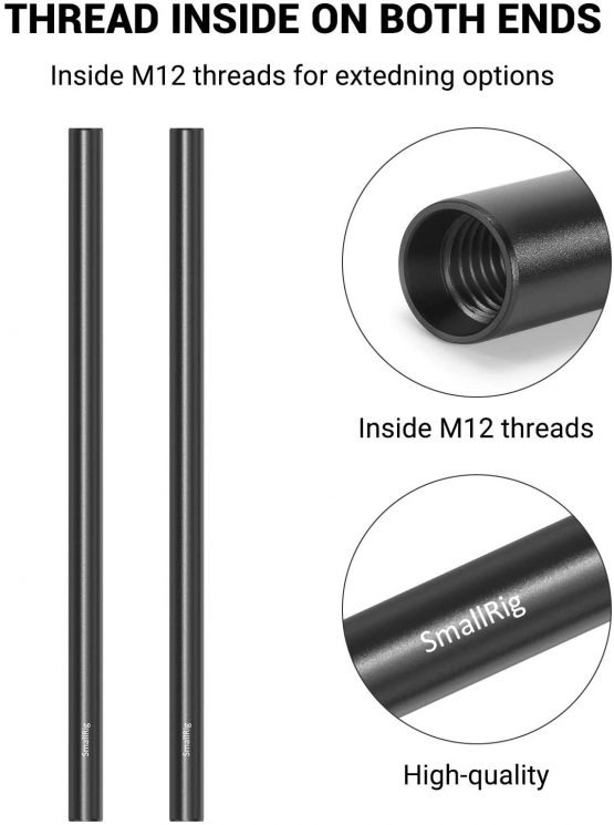 SMALLRIG 2pcs Aluminum Alloy 15mm Rod with M12 Inner Thread 12 Inches (30cm) - 1053 - Image 4