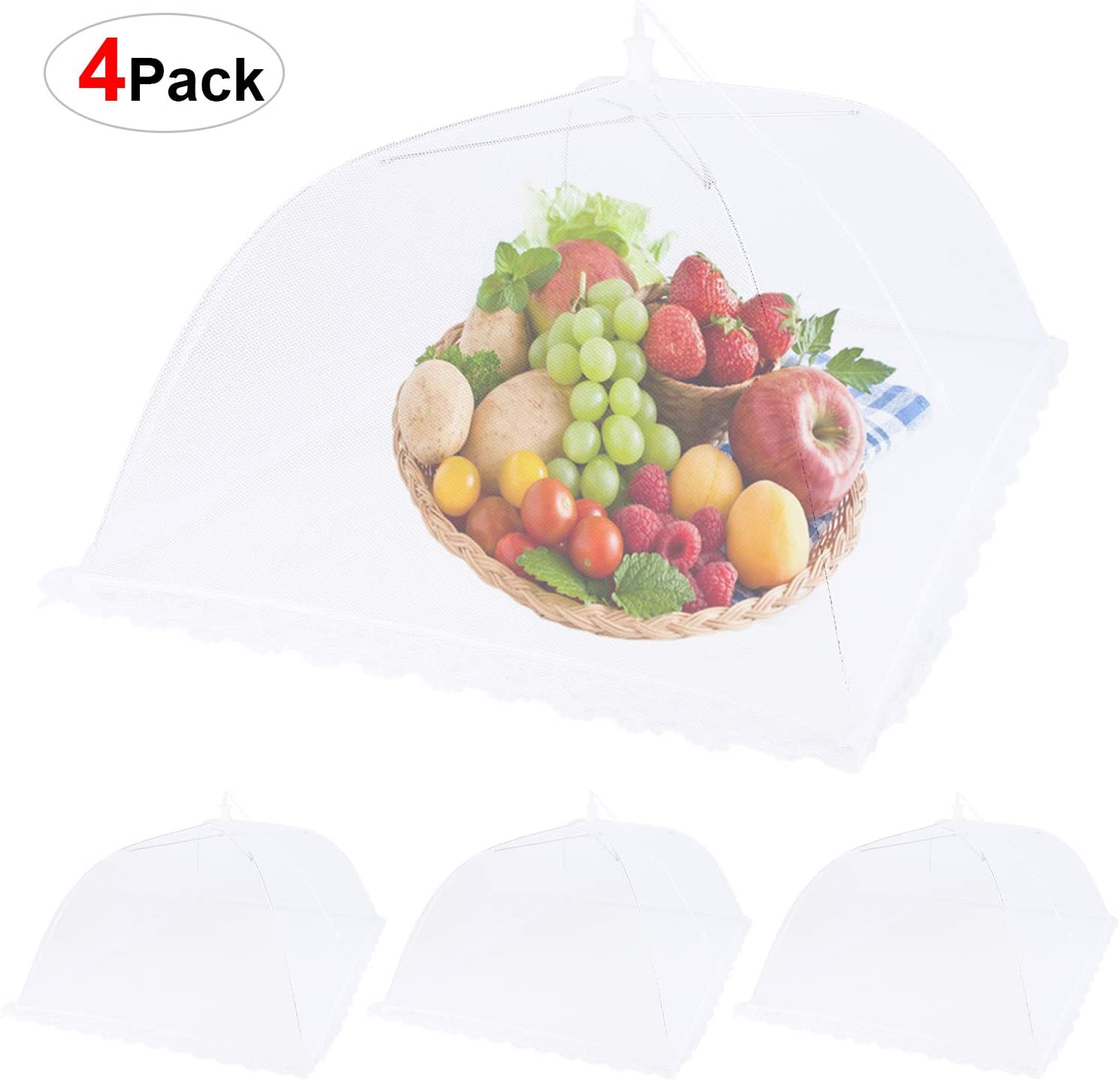 Popup Mesh Food Covers 4 Pack Reusable&Collapsible White Umbrella Tent Encrypted Screen Net Protectors for Outdoors Parties Picnics BBQs Keep Out Flies Bugs Mosquitoes(17X17In,13X13In)
