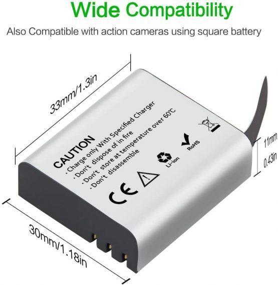 1350mAh Action Camera Battery, Rechargeable Batteries (2Pack) with USB Dual Charger, Compatible