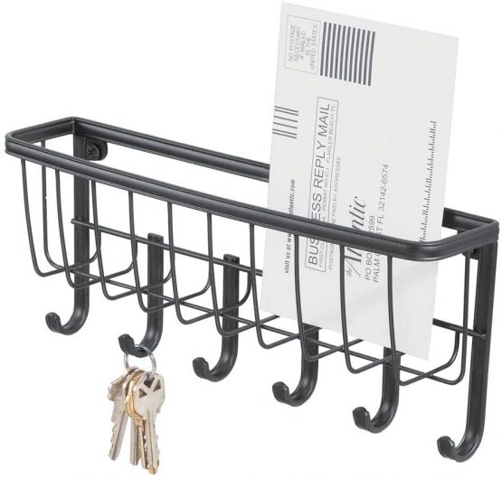 mDesign Mail Holder with Key Hooks - Modern and Practical Mail Basket with Key Storage - Mail Organiser Basket with Key Hanger - Matte Black - Image 4