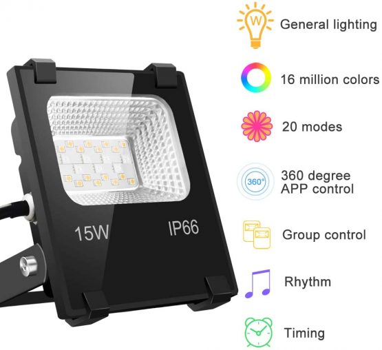 Mobri LED Flood Lights Outdoor, 15W Bluetooth Smart Floodlight APP Control, Colour Changing RGB 100W Equivalent, 2700K - Timing - 16 Million Colours - Music Sync, IP66, UK 3-Plug, 2 Pack - Image 2