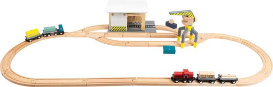 Small Foot 11377 Wooden Freight, Lorry,Train Engine, Sliding Doors,360-degree rotatable Crane and Tracks,Ages 3 Years and up Toys, Multicolored - Image 2