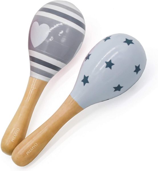 PREMYO Baby Rattle Maracas - Wooden Musical Instruments for Toddlers - Newborn Sensory Toys - Grey