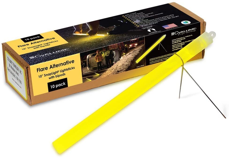 Cyalume Technologies SA9-427030AM Yellow 10'' Snaplight Flare Alternative Chemical Light Sticks With Separate Bipod Stand