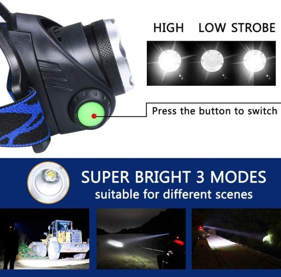 flintronic LED Head Torch, USB Rechargeable COB Single Head Headlamp, IP64 Waterproof Zoomable 3 Modes 90° Rotating 800 Lumen Headlight for Running/Cycling/Fishing/Camping (2*18650 Battery Included) - Image 2