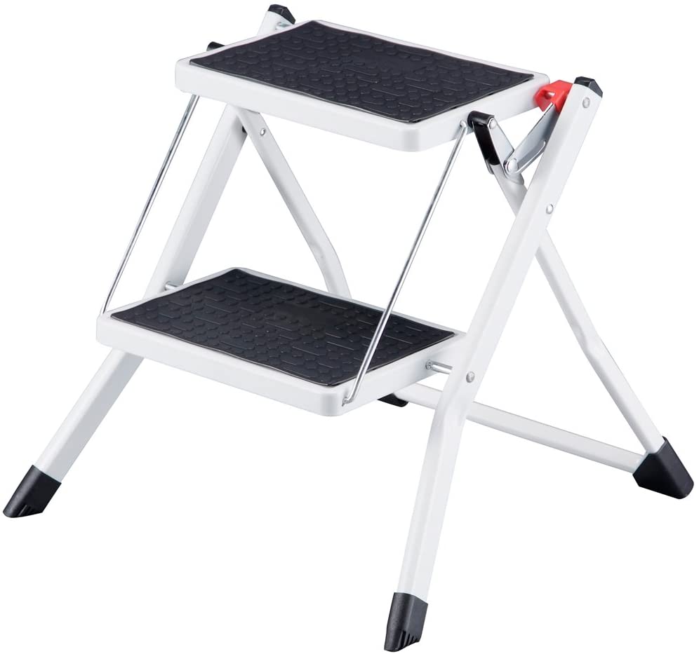 Home Vida 2 Step Ladder Compact, Heavy Duty Steel, Portable Folding, Anti-Slip Mat, Home, Kitchen, DIY, Gardening Step Ladder