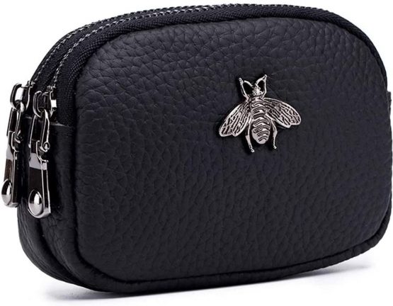 Women's Genuine Leather Coin Purse - Double Zipper Bee Change Pouch Wallet Card Holder Coin Bag Mini Simple Cute Coin Pocket Useful for Ladies Female (Black)