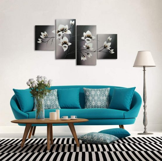 Wieco Art - Elegant Blooming Flowers 4 panels Modern 100% Hand Painted Floral Oil Paintings Artwork on Canvas Wall Art Set Ready to Hang for Living Room Bedroom Decor - Image 3