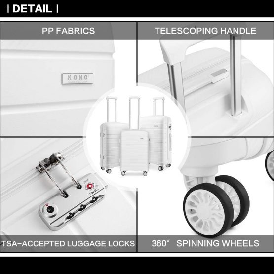 Kono Lightweight Polypropylene Medium Check in Luggage with 4 Spinner Wheels TSA Lock YKK Zipper Hard Shell Travel Trolley Suitcase (White, 65cm 66L) - Image 3