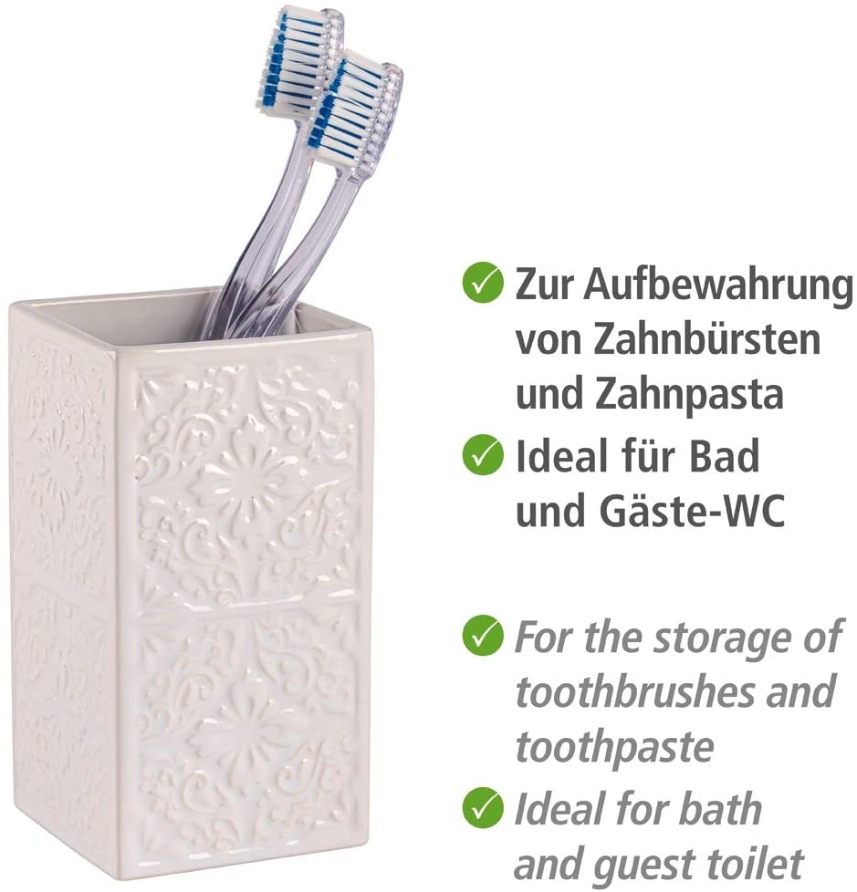 WENKO 22649100 Toothbrush tumbler Cordoba White - holder for toothbrush and toothpaste Ceramic, 6.5 x 12 x 6.5 cm, White - Image 3