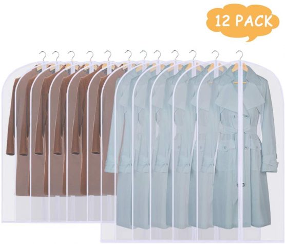 GoMaihe Clothes Cover Bags Set of 12, 60 x 120cm/6pcs + 60 x 100cm/6pcs Dress Garment Bag with Zip in Wardrobes, Moth Resistant Dustproof Waterproof Washable Suit Carrier Protector Bags for Men Women