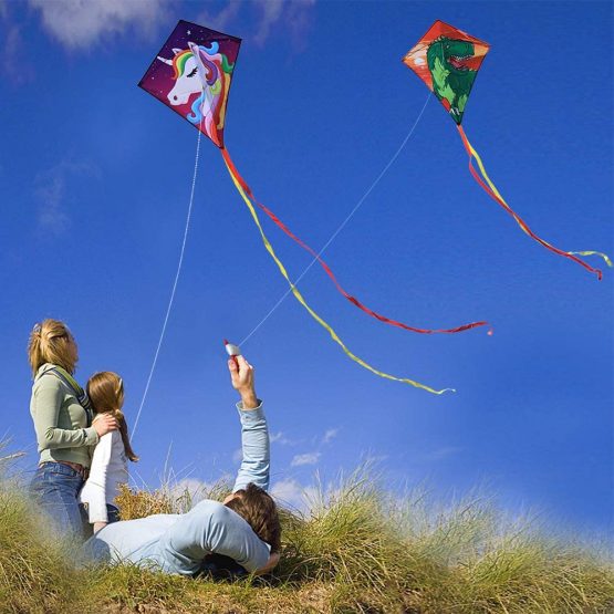 Diamond Kite 2 Pack, Dinasour + Unicorn Eddy Kite, Single Line Kite for Children, Wonderful Beginner Kite for 3 years up, 60x70cm with 2x300cm long tails, Kite handle, 60m String and swivel included. - Image 3