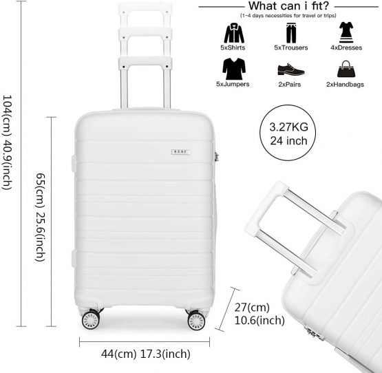 Kono Lightweight Polypropylene Medium Check in Luggage with 4 Spinner Wheels TSA Lock YKK Zipper Hard Shell Travel Trolley Suitcase (White, 65cm 66L) - Image 2