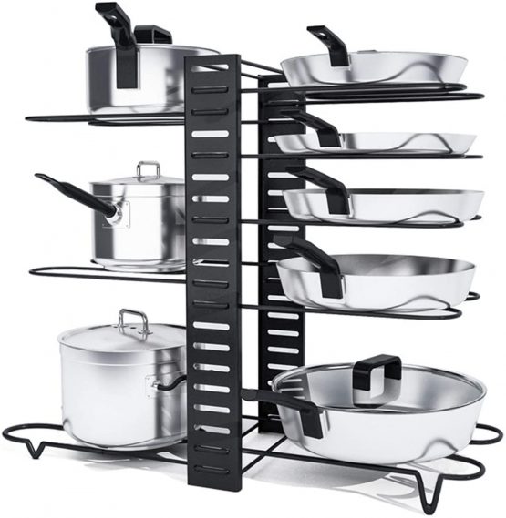 Pot Rack Organizer, Astoryou 8 Tiers Pan Rack Holder Stand Detachable Pot Lid Rack Length Adjustable Shelf Cookware Holders Cabinet Pantry with 3 DIY Methods for Kitchen Counter and Cabinet,Black