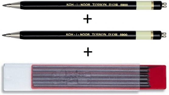 Set of 2 KOH-I-NOOR 5900 2mm Diameter Mechanical Clutch Lead Holder Pencil- Black + KOH-I-NOOR Graphite Leads for 2mm Diameter 120mm 2B Mechanical Pencil (pack of 12)…