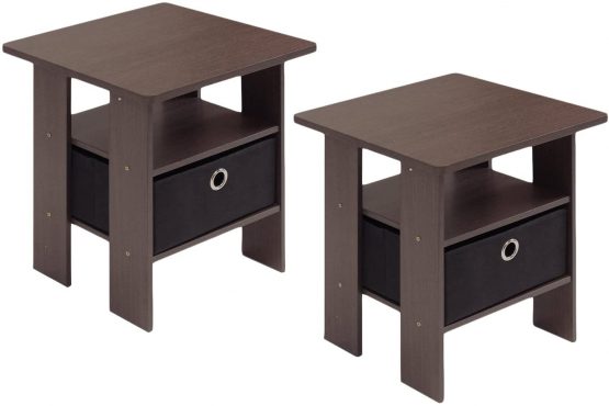 Furinno Andrey End Table, Side Table, Nightstand with Bin Drawer, Dark Brown/Black, 2-Pack