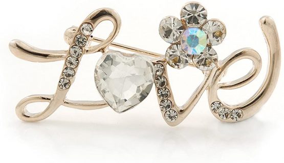 Avalaya Gold Plated Crystal 'Love' Brooch - 45mm Length