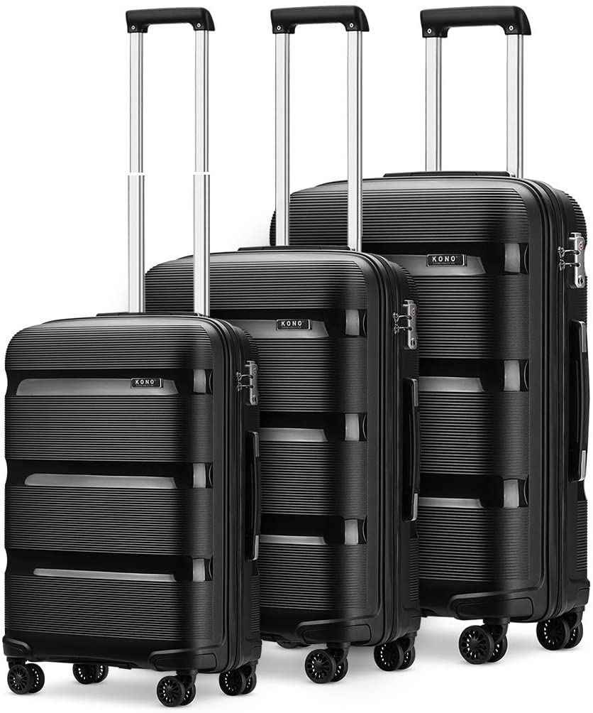 Kono Luggage Sets 3 piece Hard Shell 20/24/28 Inch Suitcase with 4 Spinner Wheels Lightweight Polypropylene Travel Trolley (Black)
