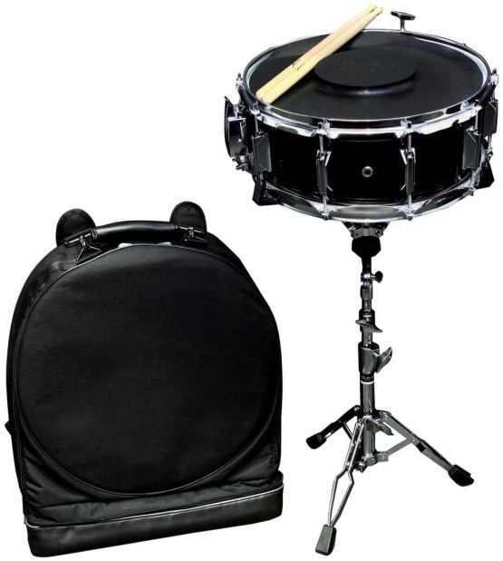 PURE GEWA Snare Drum Starter Set 14x5.5" poplar shells black wrapped, twofold extendable, with Rucksack bag, rubber pad and 1 pair sticks
